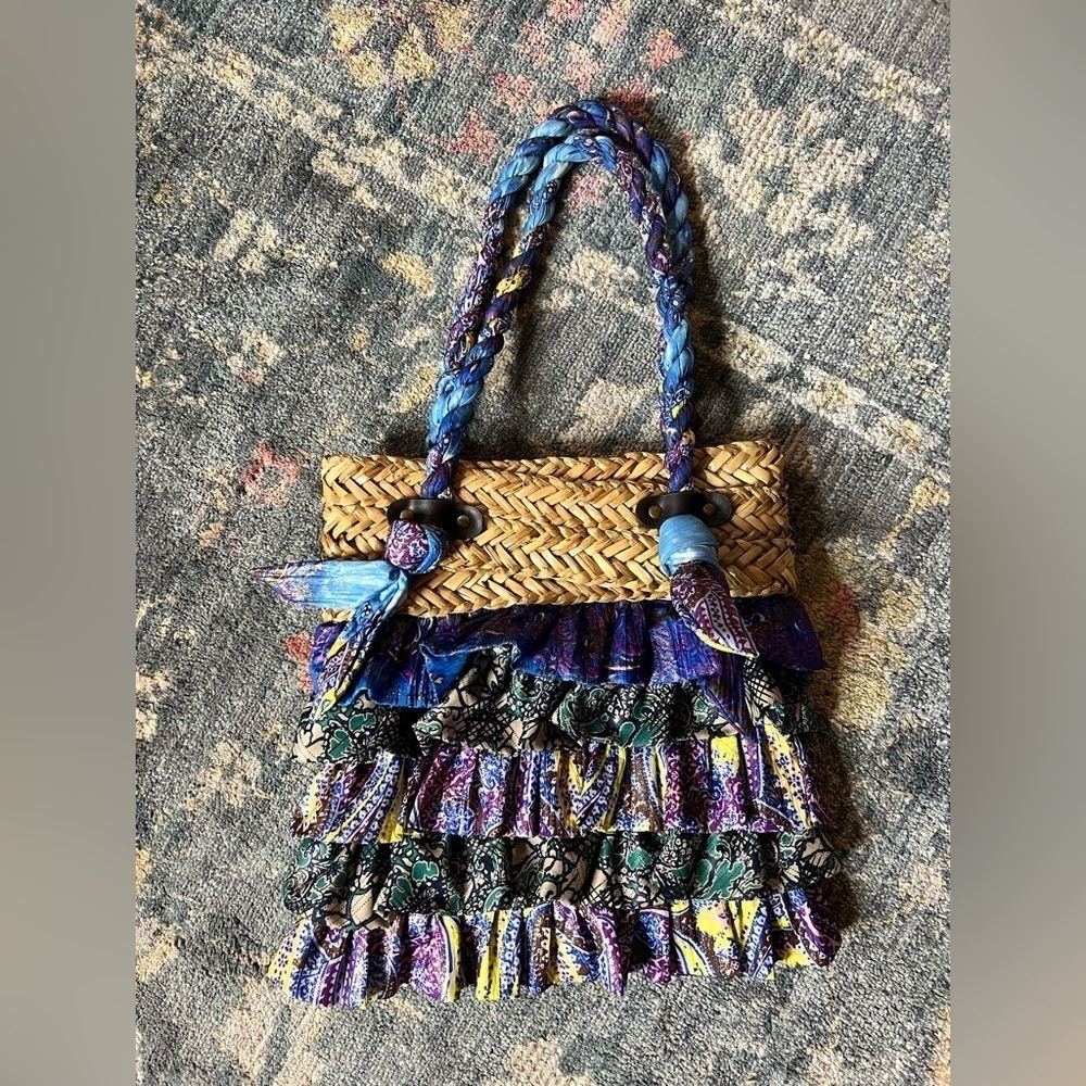 Ruffled Straw Shoulder Bag with Purple & Blue Accents